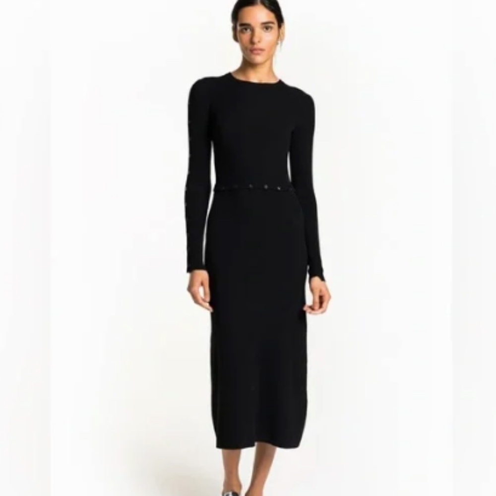 A.L.C. Black Sophie Preppy Merino Wool Luxury Minimalist Elegant Midi Dress S